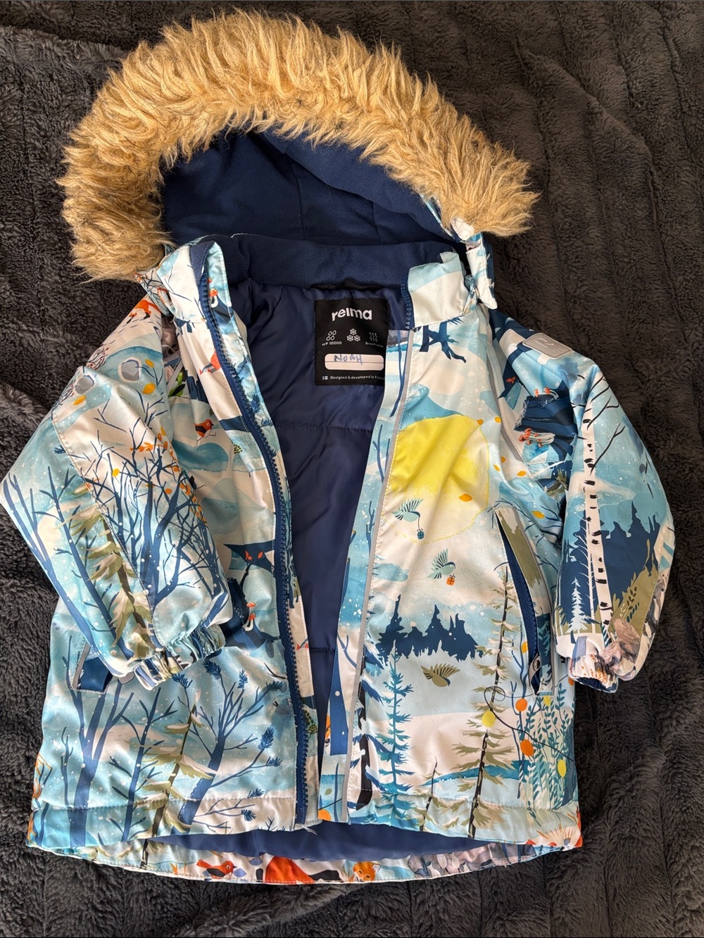 Reima Kids' Blue Woodland-Print Puffer Jacket with Faux-Fur Hood